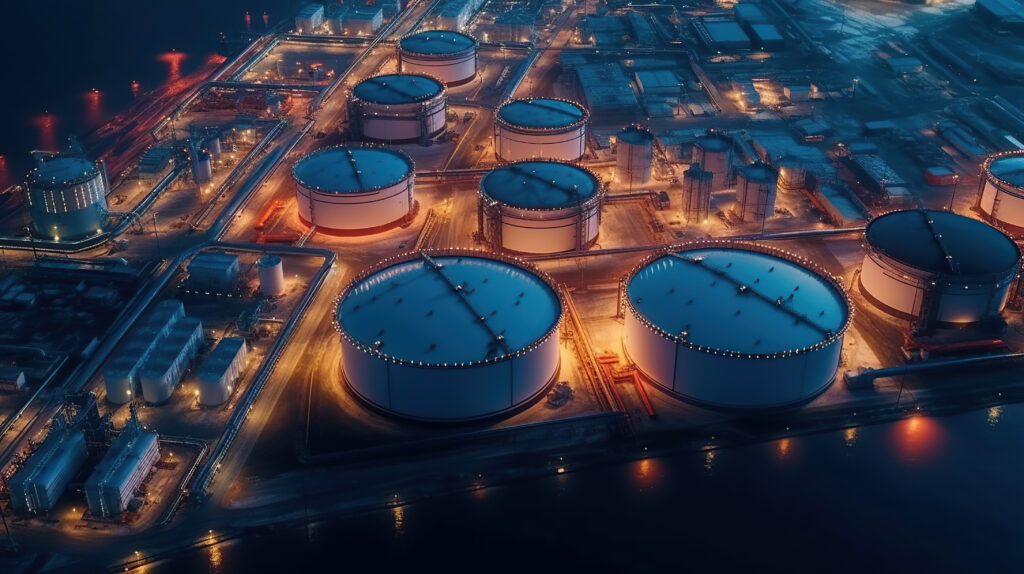 Aerial view oil and gas terminal storage tank farm,